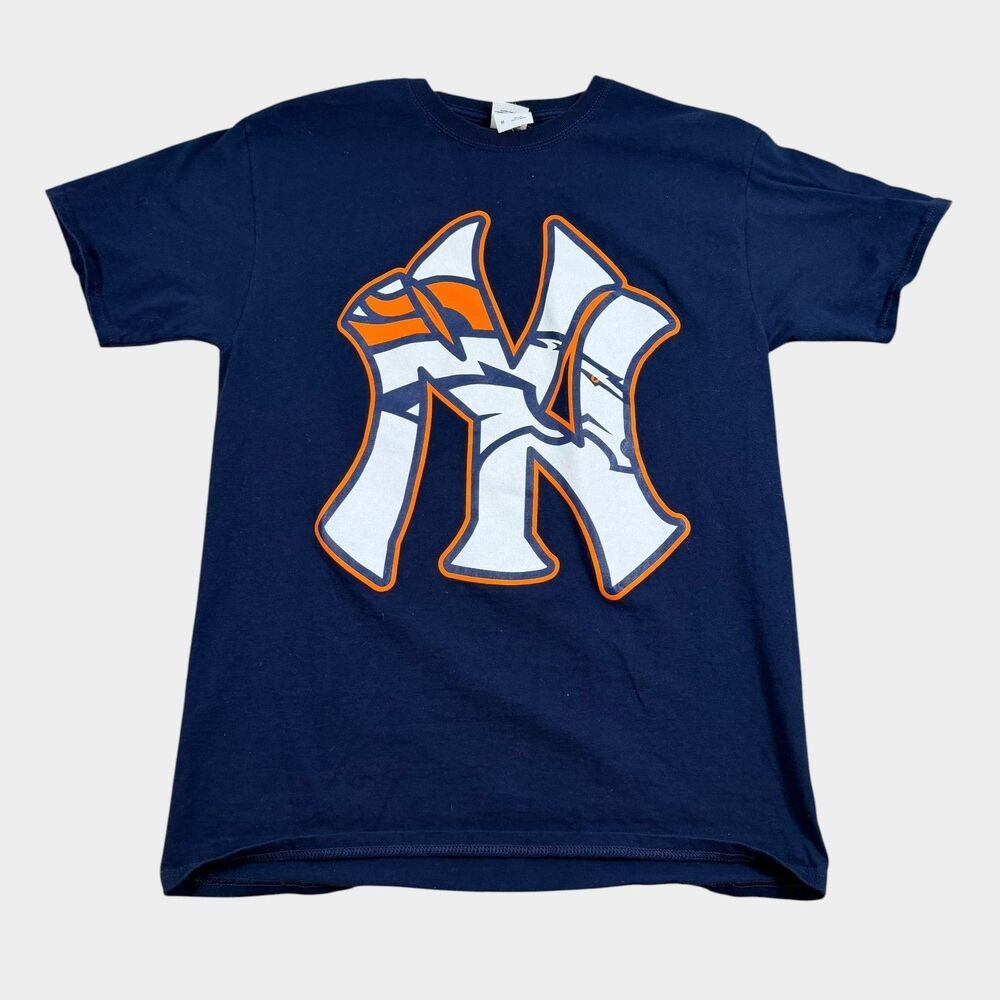 Denver Broncos NY Yankees Mashup Shirt Mens Medium Navy Blue Custom